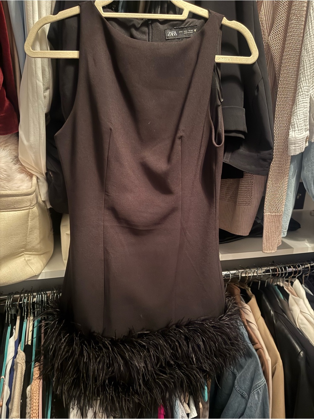 Zara Black Feather-Trim Midi Dress